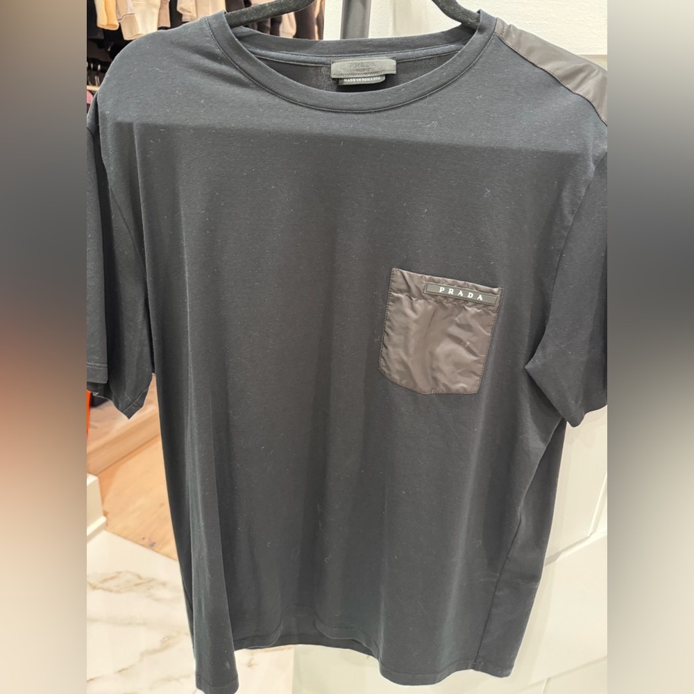 Prada Men's Charcoal Gray Tee with Pocket